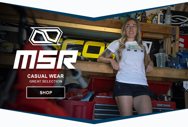 graphic, MSR logo, casual wear, great selection, graphic, woman in garage wearing an MSR t-shirt, link, shop