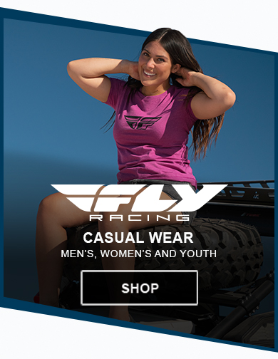 graphic, Fly Racing logo, casual wear, mens, womens and youth, graphic, woman wearing a Fly Racing t-shirt, link, shop