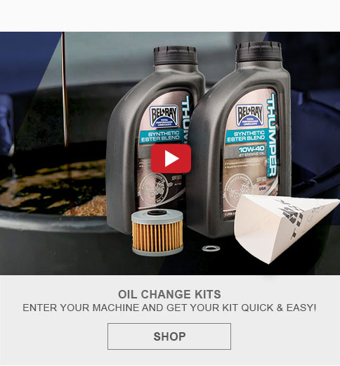graphic, oil pouring into and oil drain pan with an oil change kit, video available, Oil Change Kits, enter your machine and get your kit quick and easy, link, shop
