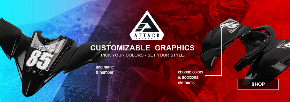 Attack Graphics, Customizable Graphics, Pick your colors, set your style, a front fender with number plate graphic, call-out, add name and number, a rear fender with number plate graphics, call-out, choose colors and additional element, someone riding an ATV in the background, link, shop