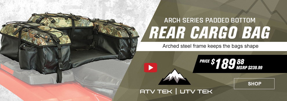 ATV TEK, UTV TEK Arch Series Padded Bottom Rear Cargo Bag, Arched steel frame keeps the bags shape, Price $189 and 88 cents, MSRP $239 and 99 cents, the camo rear cargo bag, video available, link, shop