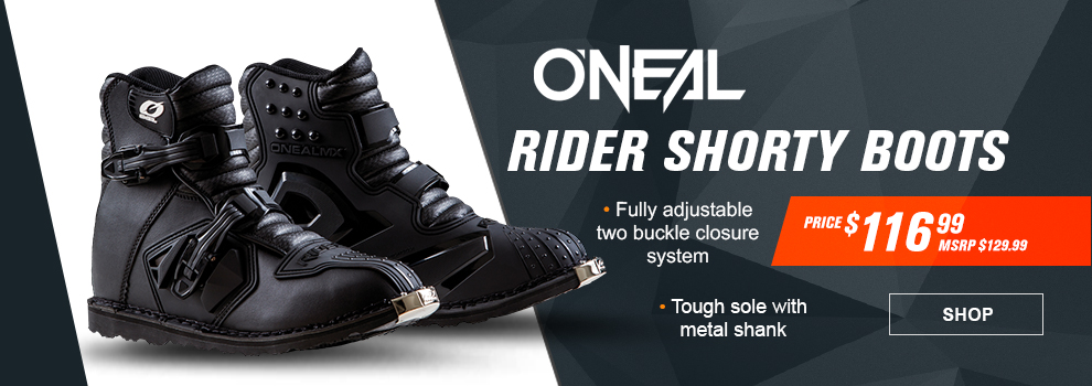 O'Neal Rider Shorty Boots, Fully adjustable two buckle closure system, tough sole with metal shank, Price $116 and 99 cents, MSRP $129 and 99 cents, the pair of black boots, link, shop