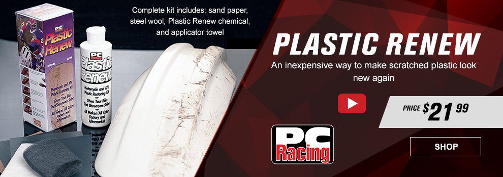 PC Racing Plastic Renew, An inexpensive way to make scratched plastic look new again, video available, price $21 and 99 cents, the contents of from the plastic renew box showing a fender that has been treated, call-out, complete kit includes sand paper, steel wool, Plastic Renew chemical, and applicator towel, link, shop