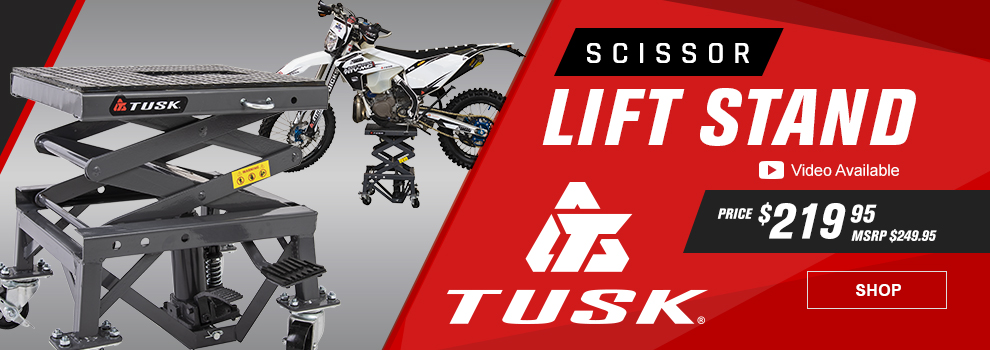 Tusk Scissor Lift Stand, Video available, Price $219 and 95 cents, MSRP $249 and 95 cents, the lift stand along with a shot of it with a Husqvarna dirt bike on top of it, link, shop