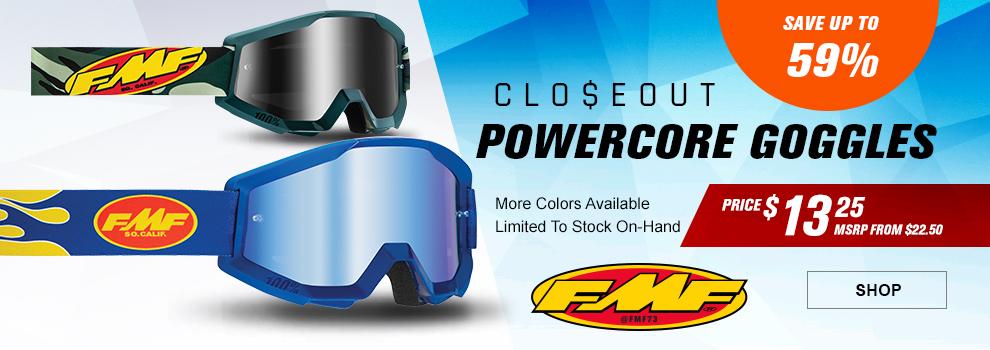 FMF Closeout Powercore Goggles, Save up to 59 percent, Price $13 and 25 cents, MSRP from $22 and 50 cents, a pair of blue flame goggles with a pair of green camouflage goggles, link, shop