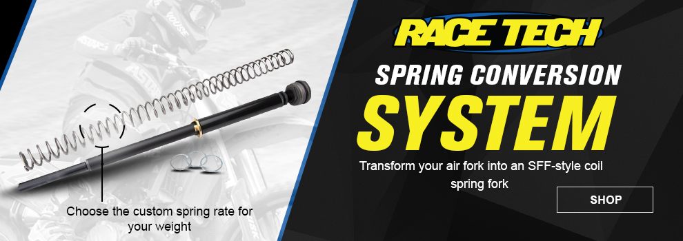 Race Tech Spring Conversion System, Transform your air fork into an SFF style coil spring fork, the spring conversion system, call-out, choose the custom spring rate for your weight, someone riding a dirt bike in the background, link, shop