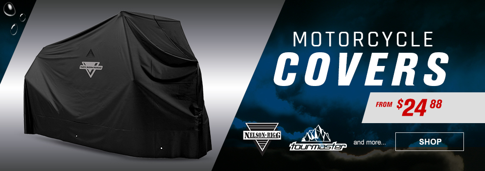 Motorcycle Covers, From $24 and 88 cents, Nelson-Rigg, Tourmaster and more, a Nelson-Rigg Motorcycle Cover on a bike, link, shop