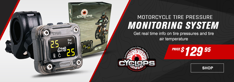 Cyclops Motorcycle Tire Monitoring System, Get real time info on tire pressure and tire air temperature, Price $129 and 95 cents, the monitoring system, link, shop