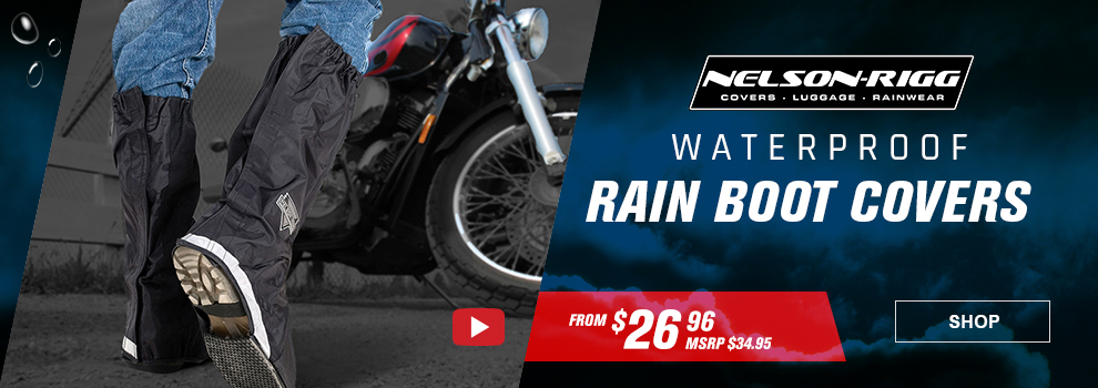 Nelson-Rigg, Covers, Luggage, Rainwear, Waterproof Rain Boot Covers, From $26 and 96 cents, MSRP $34 and 95 cents, someone walking to their motorcycle showing a closeup of them wearing the rain boot covers, video available, link, shop
