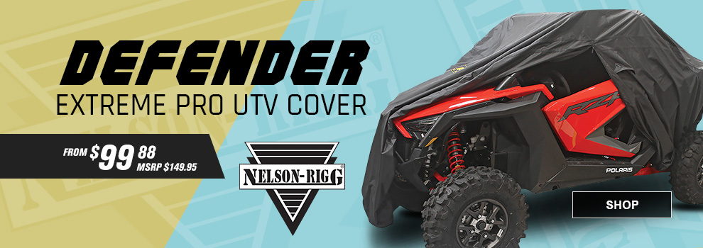 Nelson-Rigg Defender Extreme Pro UTV Cover, From $99 and 88 cents, MSRP $149 and 95 cents, a red Polaris RZR Pro with the cover over most of the machine, link, shop