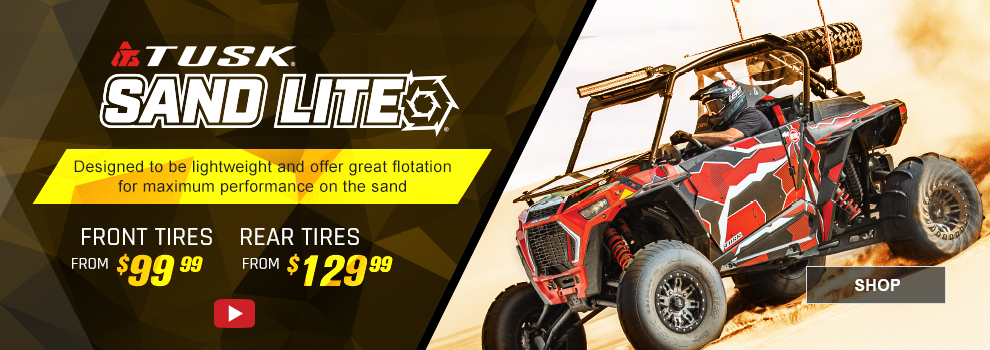 Tusk Sand Lite, Designed to be lightweight and offer great flotation for maximum performance on the sand, front tires from $99 and 99 cents, rear tires from $129 and 99 cents, video available, someone driving a Polaris RZR XP 1000 at the sand dunes, link, shop