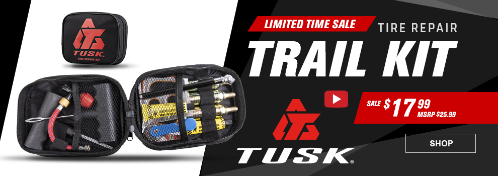 Limited Time Sale, Tusk Tire Repair Trail Kit, Sale $17 and 99 cents, MSRP $25 and 99 cents, Video available, the tire repair trail kit opened up showing the contents within, along with the case closed in the background, link, shop