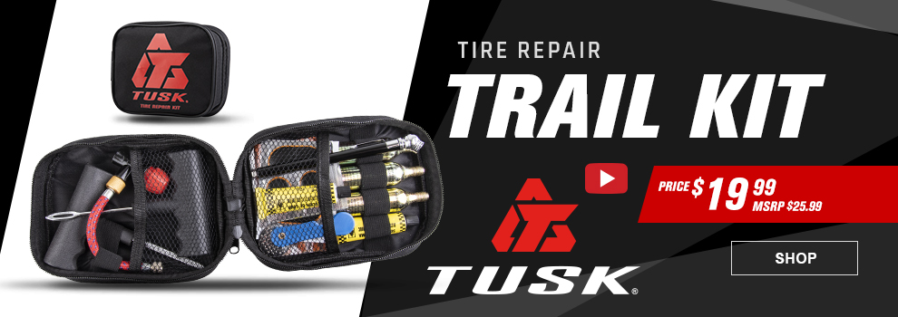 Tusk Tire Repair Trail Kit, Price $19 and 99 cents, MSRP $25 and 99 cents, video available, the kit opened up showing the contents within the case along with a shot of the case closed up, link, shop