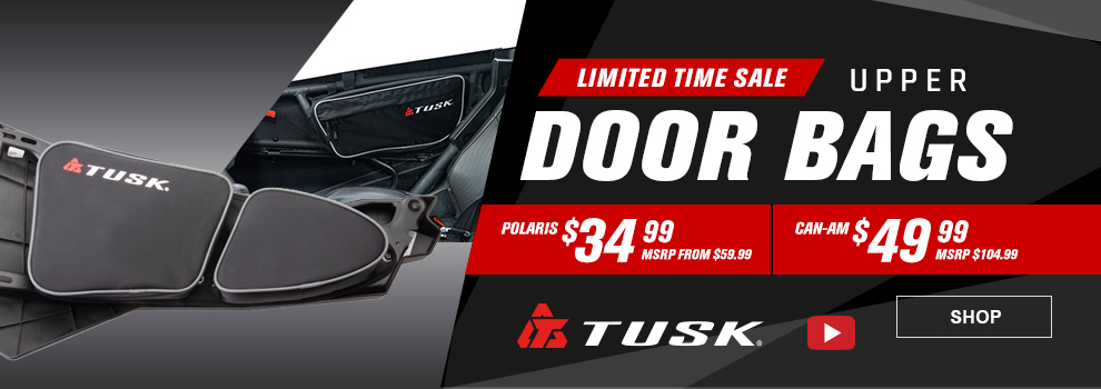 Limited Time Sale, Tusk Upper Door Bags, Polaris $34 and 99 cents, MSRP from $59 and 99 cents, CAN-AM $49 and 99 cents, MSRP $104 and 99 cents, Video available, the upper door bag installed on a Polaris RZR XP 1000 door along with one installed on a CAN-AM Maverick X3 door, link, shop