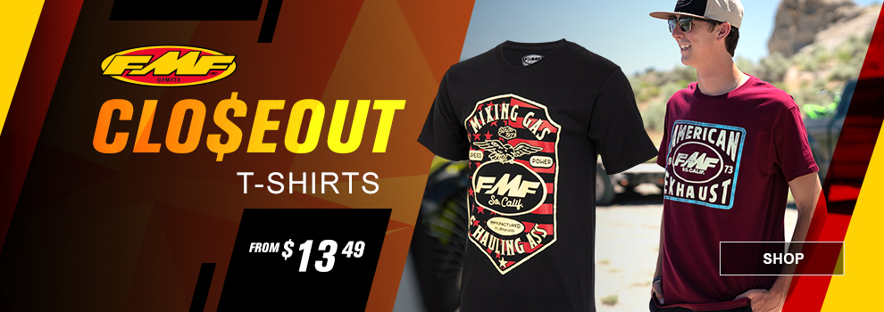 FMF Closeout T-Shirts, From $13 and 49 cents, a man wearing an FMF t-shirt along with another t-shirt off to the side, link, shop