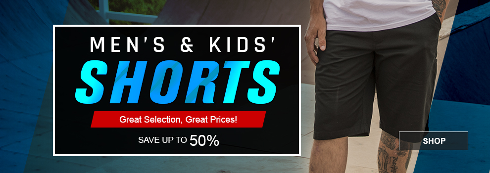 Men's and Kids Shorts, Great selection, great prices, save up to 50 percent, a man wearing some black shorts, link, shop