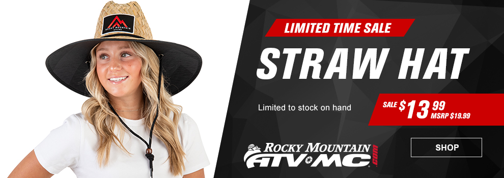 Rocky Mountain ATV/MC, Limited Time Sale, Straw Hat, Limited to stock on hand, Sale $13 and 99 cents, MSRP $19 and 99 cents, a blond girl wearing the straw hat, link, shop