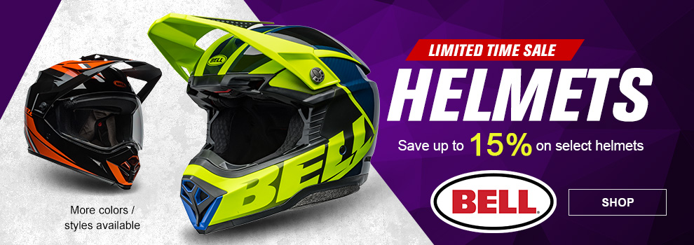 Limited Time Sale, Bell Helmets, Save up to 15 percent on select helmets, a The matte/gloss retina/blue Moto-10 Spherical Sliced helmet along with the black/orange MX-9 Adventure helmet, link, shop