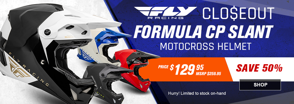 Fly Racing, Closeout Formula CP Slant Motocross Helmet, Price $129 and 95 cents, MSRP $259 and 95 cents, Save 50 percent, Hurry! Limited to stock on hand, a collage of all the colors of helmet, link, shop