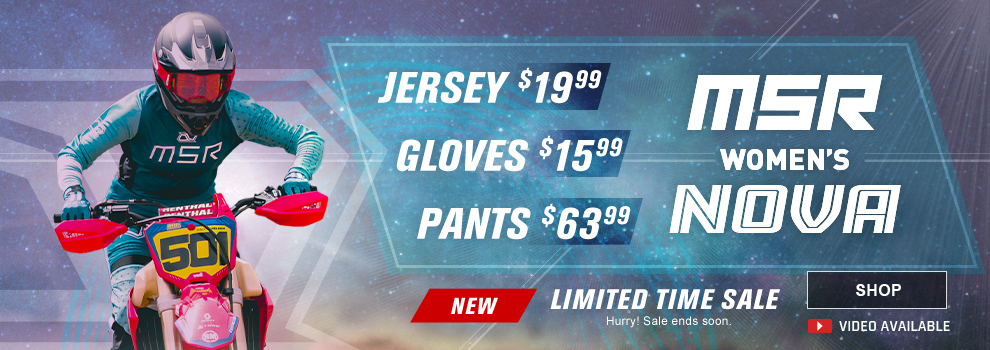 MSR Women's Nova Gear - Jersey $19.99 - Gloves $15.99 - Pants $63.99 - NEW - Limited time sale. Hurry! Sale ends soon! Video available - SHOP