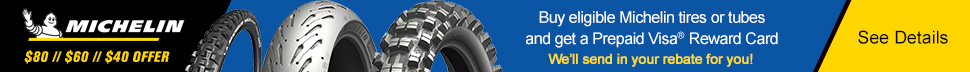 Michelin, $80, $60, $40 Offer, a bicycle tire, street motorcycle tire, and a dirt bike tire, Buy eligible Michelin tires or tubes and get a prepaid Visa reward card, we'll send in the rebate for you, link, see details