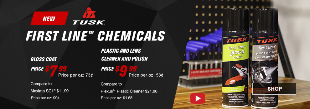 New, Tusk First Line Chemicals, Video available, Compare to, First Line Gloss Coat, Price $7 and 99 cents, price per ounce, 73 cents, compare to Maxima SC1 $11 and 99 cents, price per ounce, 99 cents, First Line Plastic and Lens Cleaner and Polish, Price $9 and 99 cents, price per ounce, 53 cents, compare to Plexus Plastic Cleaner,  $21 and 88 cents, price per ounce, $ and 68 cents, video available, both cans of First Line chemicals sitting on a shop bench, link, shop