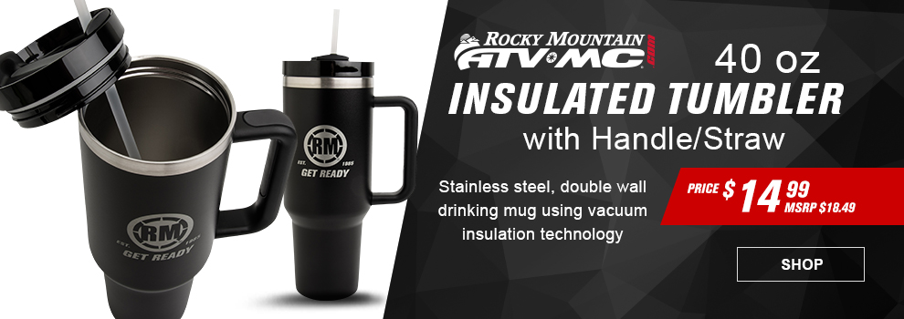 Rocky Mountain ATV/MC 40 Ounce Insulated Tumbler with Handle and Straw, Stainless steel, double wall drinking mug using vacuum insulation technology, price $14 and 99 cents, MSRP $18 and 49 cents, a view of the mug with the lid hanging off to the side on the straw and a full shot of the tumbler, link, shop