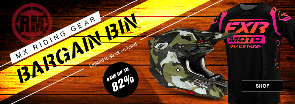 RM, MX Riding Gear Bargain Bin, Limited to stock on hand, Save up to 82 percent, a black/pink FXR Jersey and an O'Neal helmet in camo, link, shop