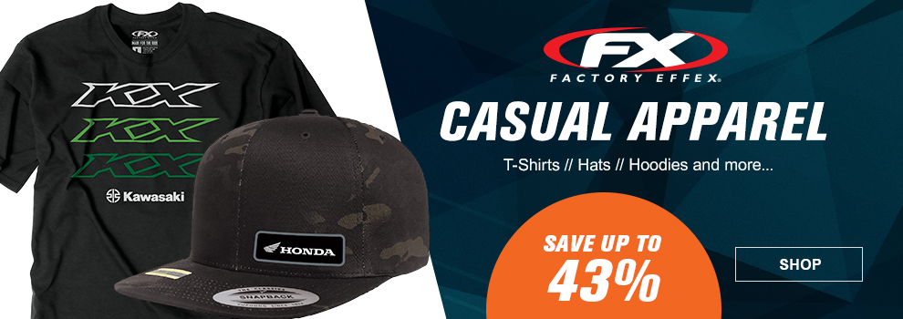 Factory Effex Casual Apparel, T-Shirts, Hats, Hoodies and more, Save up to 43 percent, a Factory Effex Kawasaki t-shirt and a Honda hat, link, shop