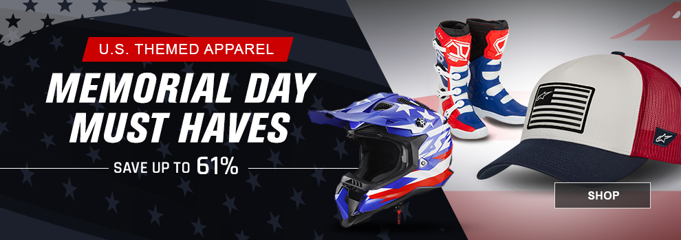 U.S. Themed Apparel, Memorial Day Must Haves, Save up to 61 percent, a pair of red/white/blue MSR M3X Boots, a red/white/blue LS2 Subverter United Evo Helmet, and a white/navy/red Alpinestars Flag Snapback Hat, link, shop