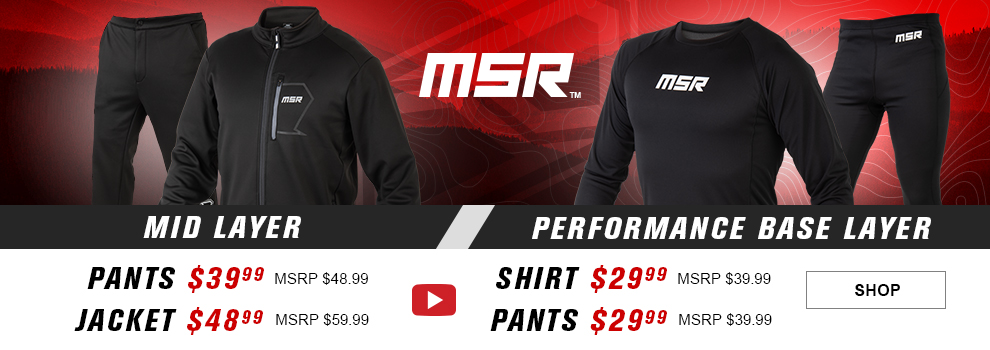 MSR Mid Layer, Pants $39 and 99 cents, MSRP $48 and 99 cents, Jacket $48 and 99 cents, MSRP $59 and 99 cents, the jacket and pant, video available, Performance Base Layer, Shirt $29 and 99 cents, MSRP $39 and 99 cents, Pants $29 and 99 cents, MSRP $39 and 99 cents, the shirt and pant, link, shop