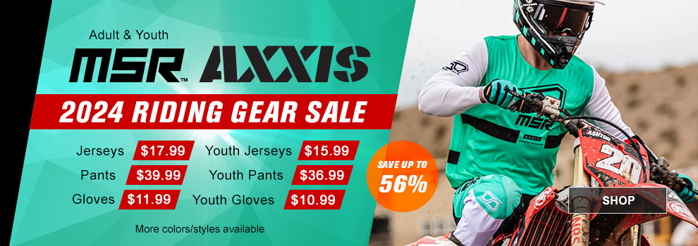 Adult and Youth MSR Axxis 2024 Riding Gear Sale, Jerseys $17 and 99 cents, Youth Jerseys $15 and 99 cents, Pants $39 and 99 cents, Youth Pants $36 and 99 cents, Gloves $11 and 99 cents, Youth Gloves $10 and 99 cents, Save up to 56 percent, more colors and styles available, someone riding a Honda dirt bike wearing the MSR Axxis Proto gear in the Mint color way, link, shop