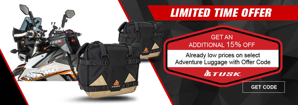 Limited Time Offer, Tusk, Get an additional 15 percent off already low prices on select adventure luggage with offer code, the black/grey Olympus tank bag on a KTM adventure bike along with the black/tan Pilot Pannier Bags, link, get code