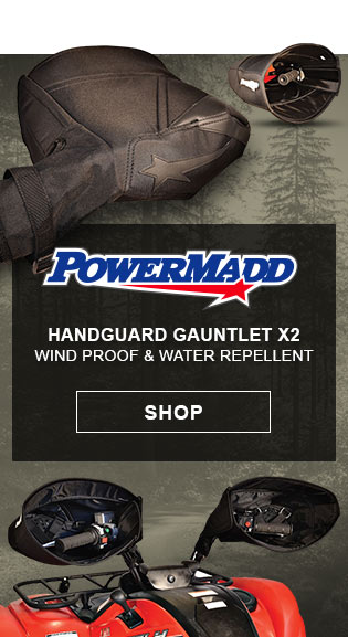 Powermadd, handguard gauntlet x2, wind proof & water repellent, shop button, image of handguards on ATV