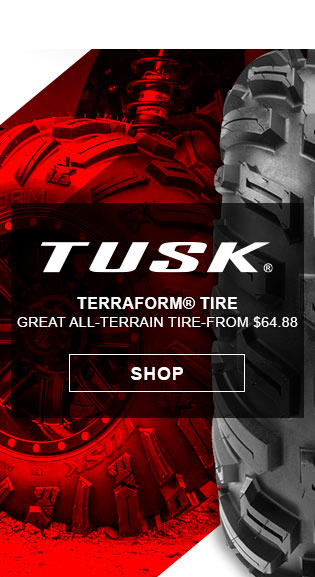 Tusk, terraform tire. Great all-terrain tire, from 64 dollars and 88 cents. Link, shop. Side profile and straight on view of tire tread. 