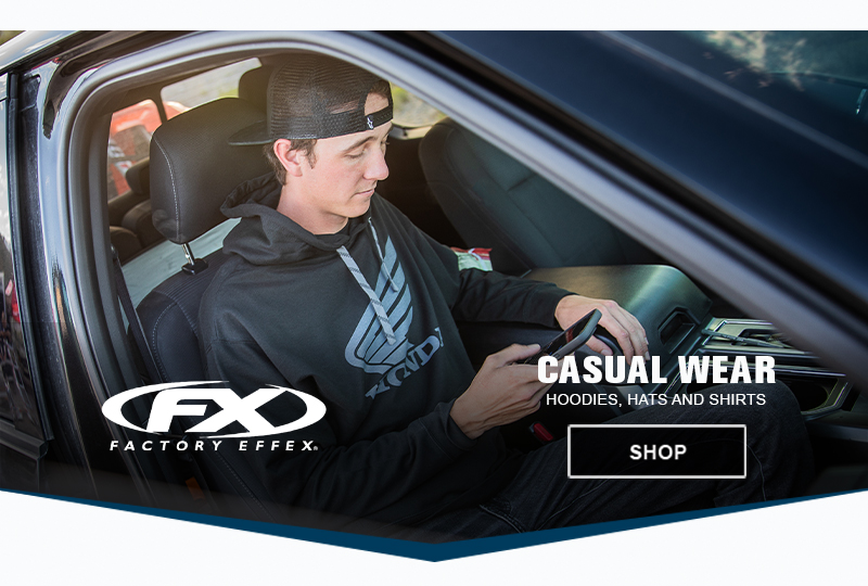 graphic, Factory Effex logo,  casual wear, hoodies, hats and shirts, graphic, man sitting in the passenger seat of a car playing on his cell phone, link, shop