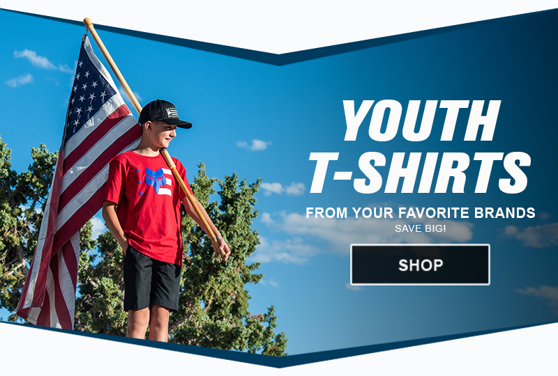 graphic, Youth t-shirts from your favorite brands, save big, graphic, young kid holding an american flag, link, shop
