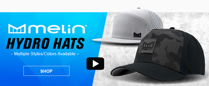 New, Melin Hydro Hats, Multiple styles and colors available, video availabe, the black/camo Odyssey Stacked hat and the Heather Grey Trenches Icon hat, link, shop