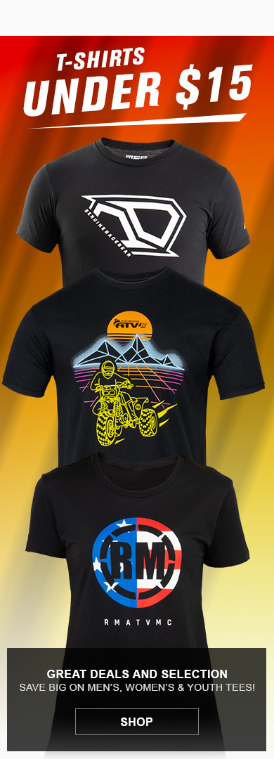 graphic, T-Shirts Under fifteen dollars, graphic, four t-shirts under fifteen dollars stacked in a line, great deals and selection, save big one mens, womens and youth tees, link, shop