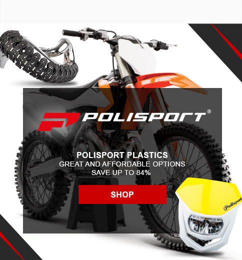 Polisport logo. Polisport plastics, great and affordable options. Save 84 percent. Link, shop. Plastic pipe guard and headlight displayed over the image of a dirt bike. 