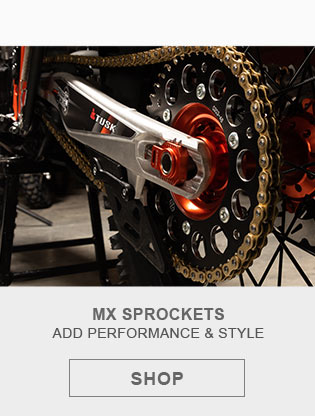 MX sprockets, add performance and style. Link, shop. Closeup of an installed sprocket. 
