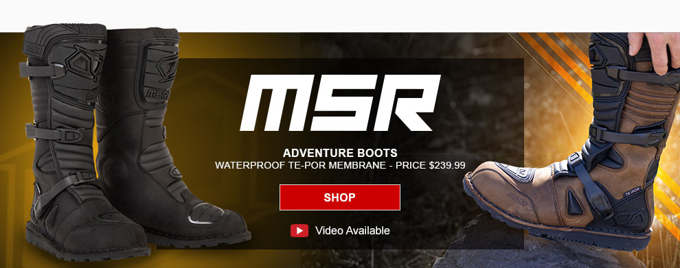 MSR, adventure boots. Waterproof TE-POR membrane, price 239 dollars and 99 cents. Link, shop. Video available. Two types of boot displayed. 