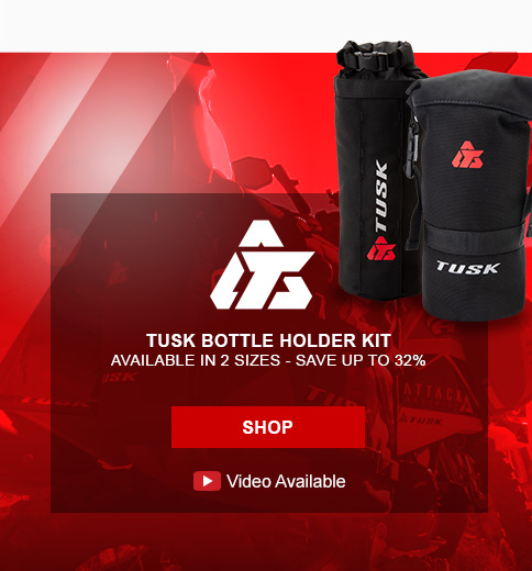 Tusk logo. Tusk bottle holder kit. Available in 2 sizes, save up to 32 percent. Link, shop. Video available. Two sizes of bottle holder displayed. 