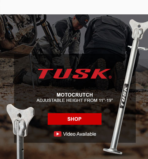 Tusk work mark. Motocrutch, adjustable height from 11 - 19 inches. Link, shop. Video available. Full crutch and closeup of top displayed. 