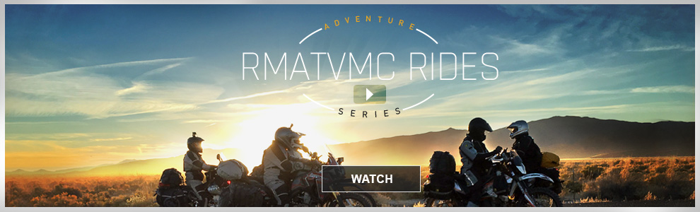 RM TV MC Rides, adventure series. Link, watch. Five riders stopped in front of a sunset. 