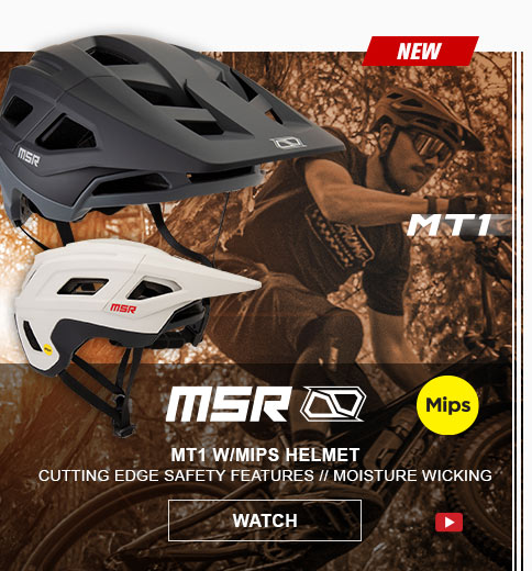MSR logo, Mips icon, MT1 W/Mips Helmet, cutting edge safety features, Moisture wicking, youtube play button, watch button