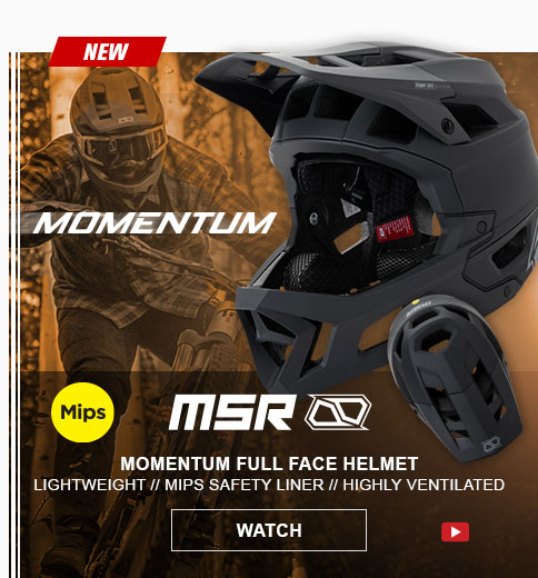 Momentum logo, mips icon, MSR logo, Momentum full face helmet, lightweight, mips safety liner, highly ventilated, watch button, youtube play button
