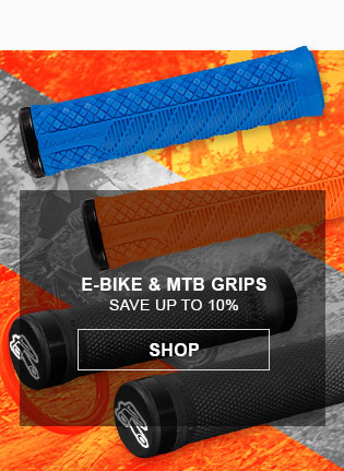 E-bike and MTB grips, save up to 10 percent. Link, shop. MTB grips displayed.