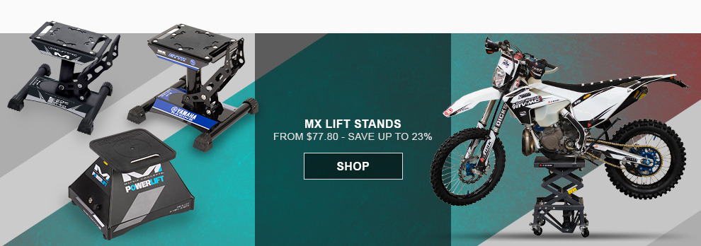graphic, three mx lift stands, MX Lift Stands, from seventy seven dollars and 80 cents, save up to twenty three percent, graphic, scissor lift stand with a dirt bike on it, link, shop