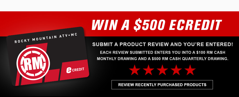 Win a 500 dollar Ecredit. Submit a product review and you’re entered. Each review submitted enters you into a 100 dollar RM cash monthly drawing and a 500 dollar RM cash quarterly drawing. Five stars graphic. Link, review recent purchased products.